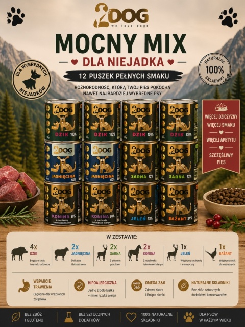 Zestaw: 2DOG "Mocny mix dla niejadka" - 12 puszek