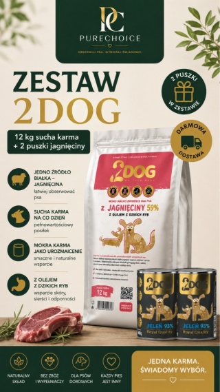 2DOG Jagnięcina 12 kg + 2 puszki GRATIS