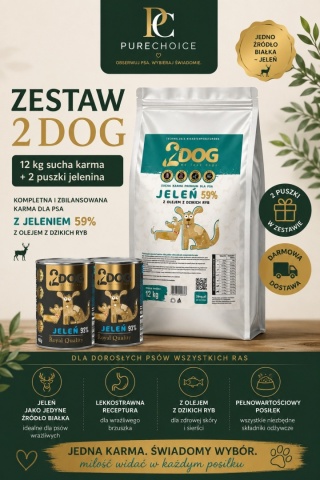 2DOG Jeleń 12 kg + 2 puszki GRATIS