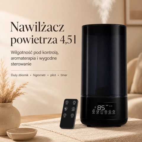 Automatyczny nawilżacz powietrza 4,5 l z aromaterapią, higrometrem i pilotem