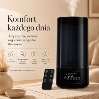 Automatyczny nawilżacz powietrza 4,5 l z aromaterapią, higrometrem i pilotem