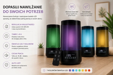 Automatyczny nawilżacz powietrza 4,5 l z aromaterapią, higrometrem i pilotem