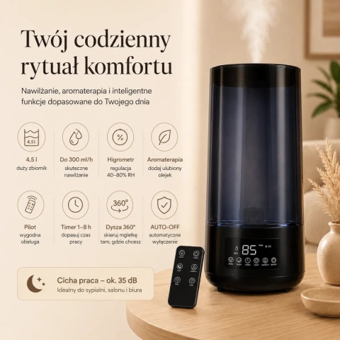 Automatyczny nawilżacz powietrza 4,5 l z aromaterapią, higrometrem i pilotem