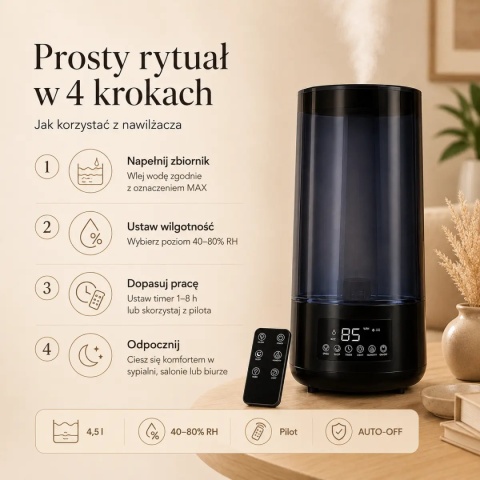 Automatyczny nawilżacz powietrza 4,5 l z aromaterapią, higrometrem i pilotem