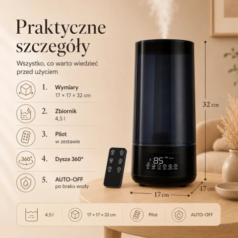 Automatyczny nawilżacz powietrza 4,5 l z aromaterapią, higrometrem i pilotem