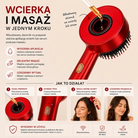 Elektryczny masażer skóry głowy KX3062 z aplikatorem do wcierek i czerwonym światłem