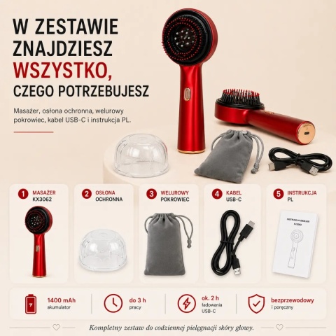 Elektryczny masażer skóry głowy KX3062 z aplikatorem do wcierek i czerwonym światłem