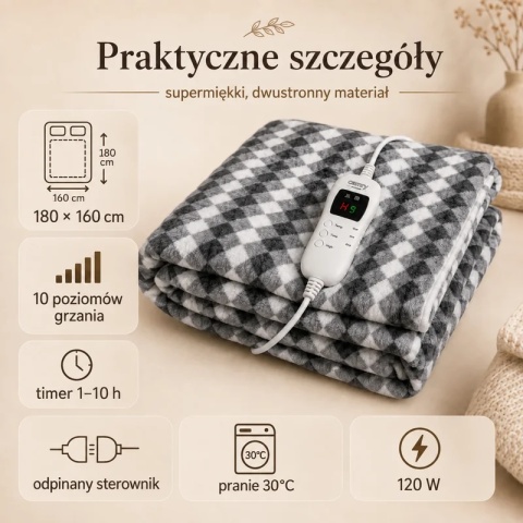 Koc elektryczny Camry CR 7442 180 × 160 cm z timerem