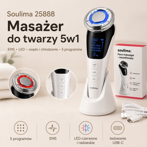 Masażer do twarzy Soulima 25888 5w1 EMS LED z ciepłem i chłodzeniem