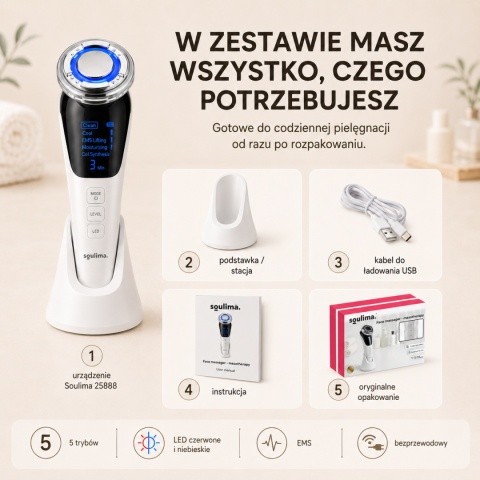 Masażer do twarzy Soulima 25888 5w1 EMS LED z ciepłem i chłodzeniem